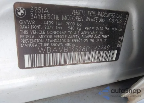 2006 BMW 325I from USA, damaged, VIN WBAVB13526PT27249